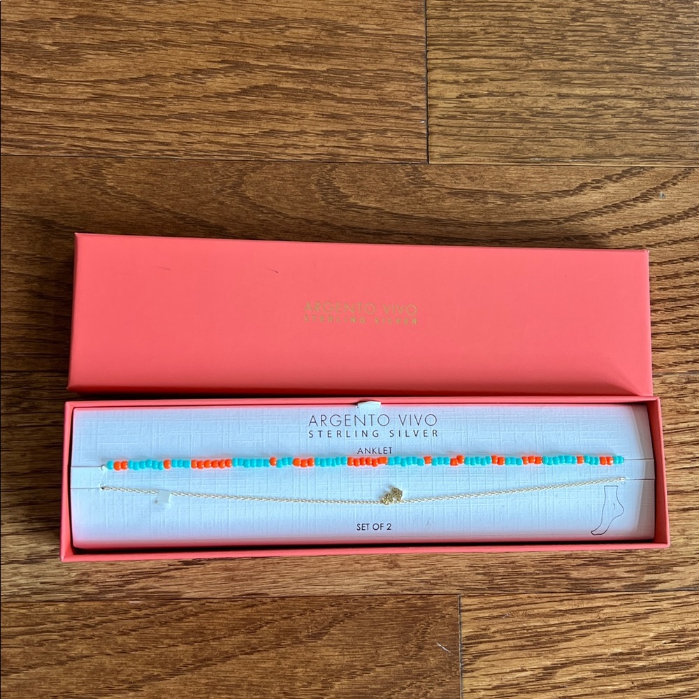 Argento Vivo sterling silver set of 2 anklets orange and turquoise and anchor